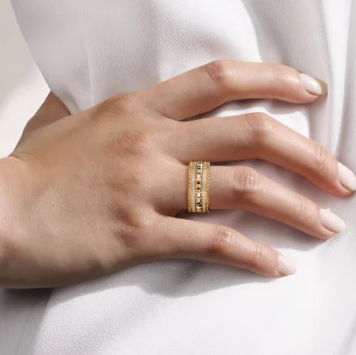14K Yellow Gold Diamond and Rope Wide Band Ladies Ring