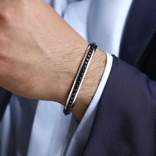 Sterling Silver Open Cuff Bracelet with Black Grommets