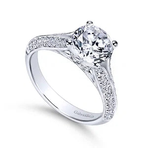 Vintage Inspired 14K White Gold Round Split Shank Diamond Engagement Ring