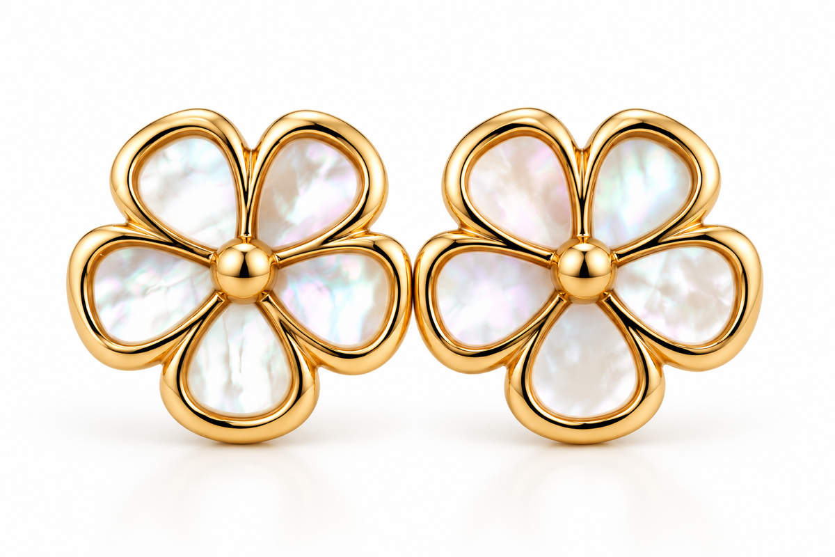 14K Yellow Gold Children Mother-of-Pearl Flower Stud Earrings