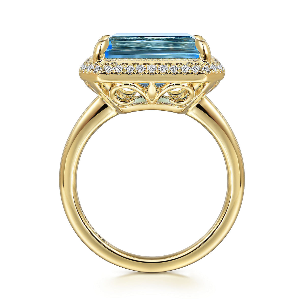14K Yellow Gold Diamond and Blue Topaz Emerald Cut Ladies Ring With Flower Pattern Gallery