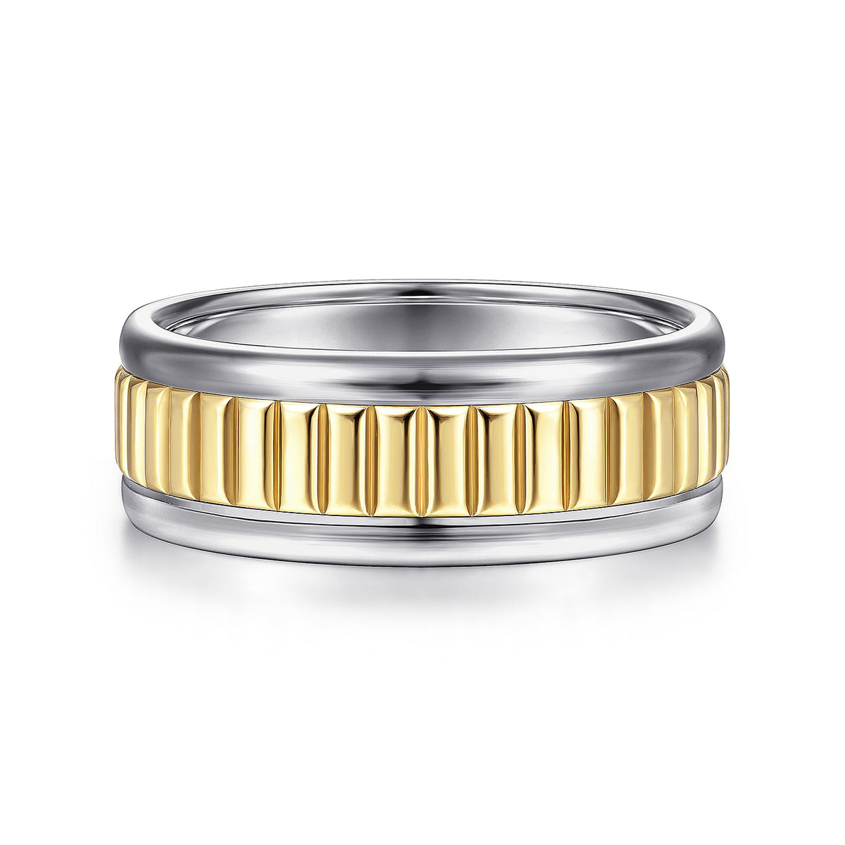 14K White-Yellow Gold 8mm - Two Tone Carved Men&#39;s Wedding Band in High Polish Finish