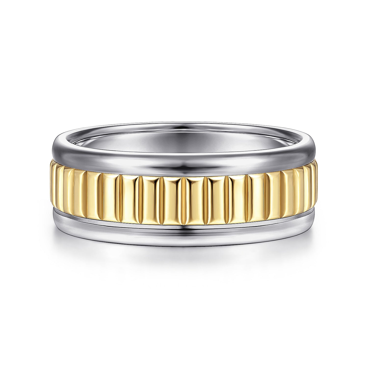 14K White-Yellow Gold 8mm - Two Tone Carved Men's Wedding Band in High Polish Finish