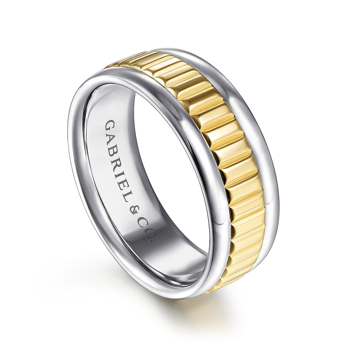 14K White-Yellow Gold 8mm - Two Tone Carved Men&#39;s Wedding Band in High Polish Finish