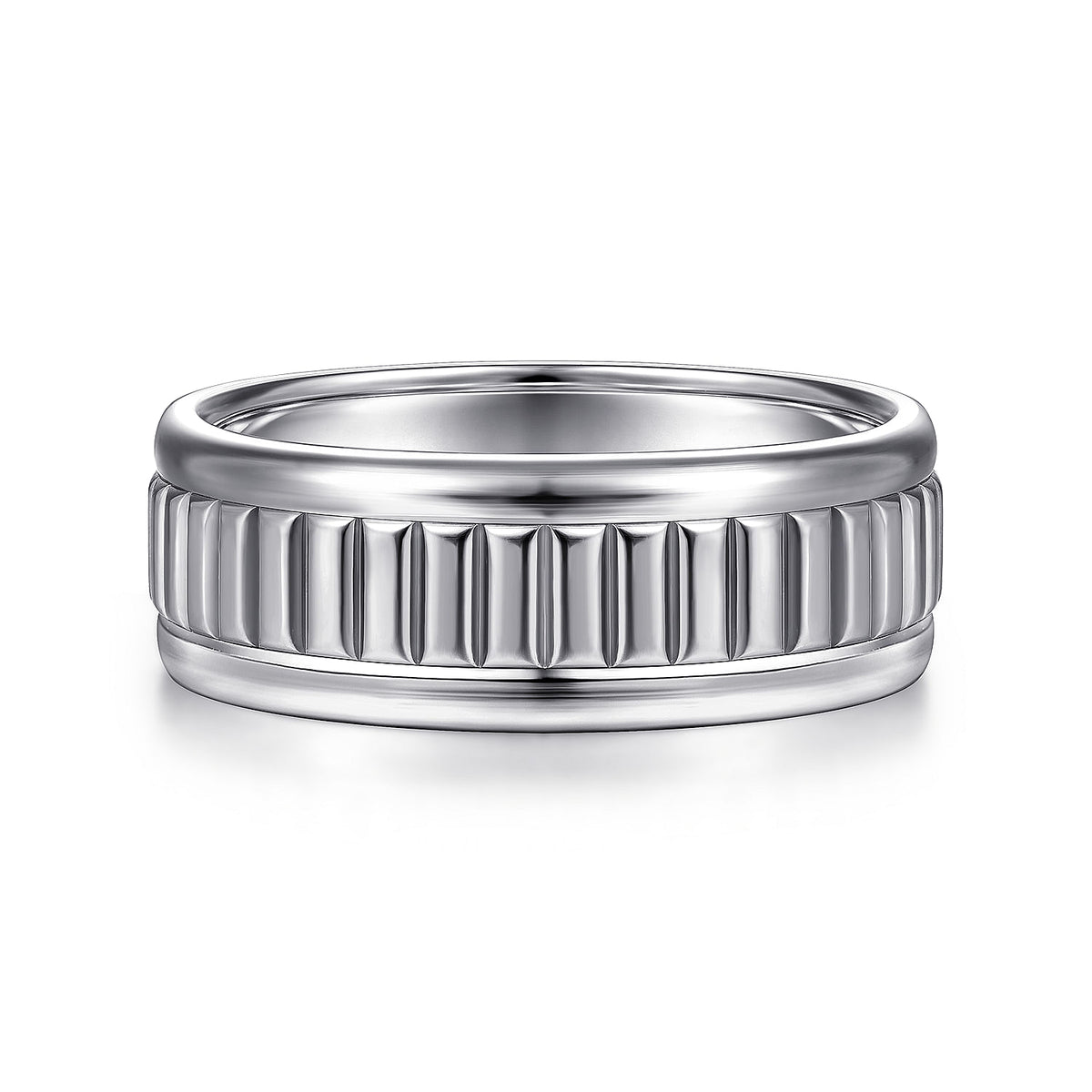 14K White Gold 8mm - Carved Men&#39;s Wedding Band in High Polish Finish