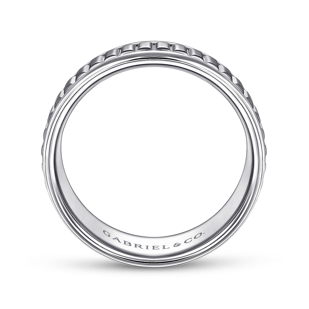 14K White Gold 8mm - Carved Men&#39;s Wedding Band in High Polish Finish