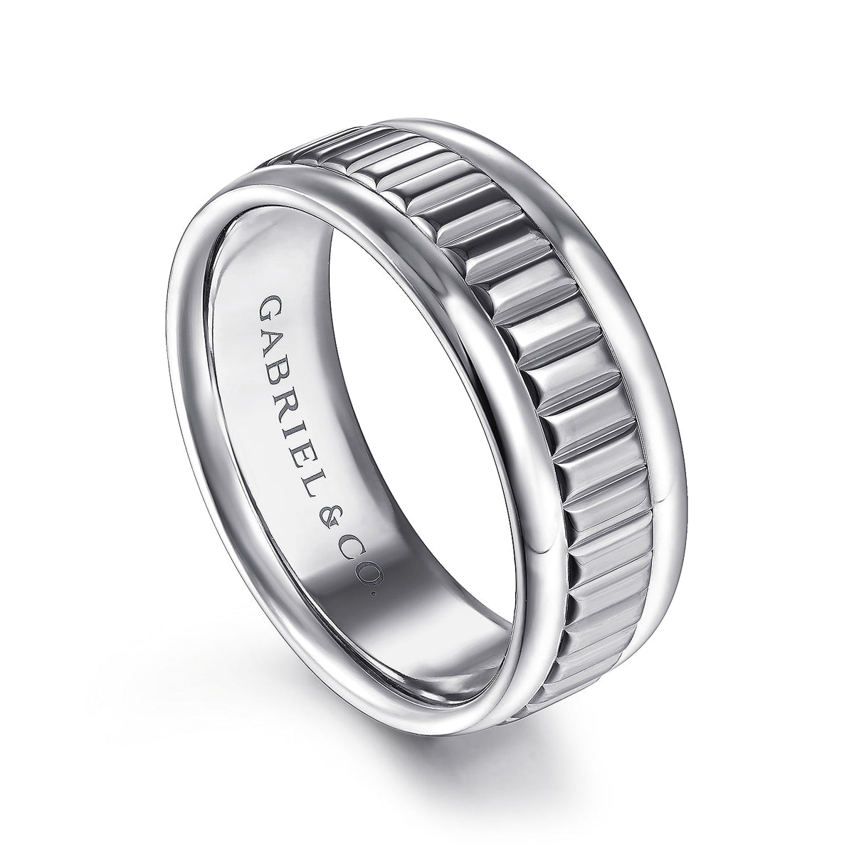 14K White Gold 8mm - Carved Men&#39;s Wedding Band in High Polish Finish