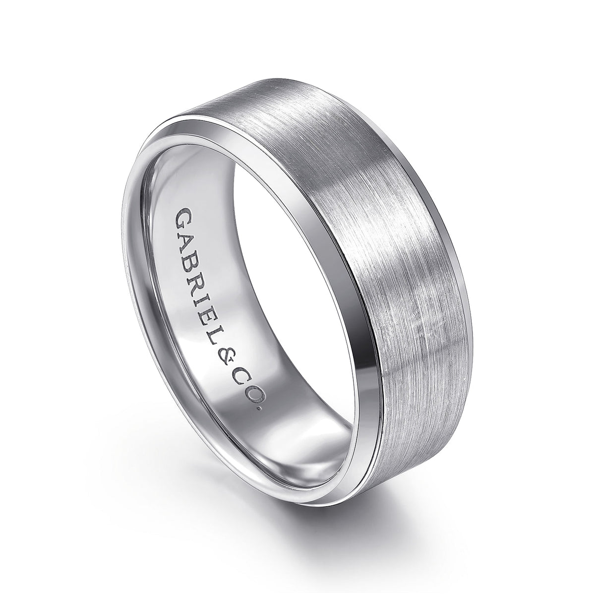 14K White Gold 8mm - Beveled Edge Men&#39;s Wedding Band in Satin Finish