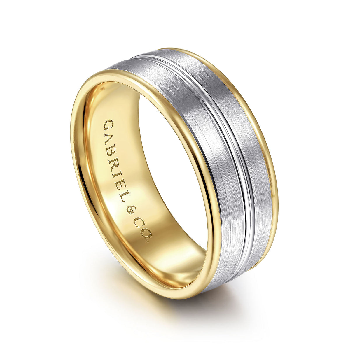 14K White-Yellow Gold 8mm - Two Tone Men&#39;s Wedding Band in Satin Finish