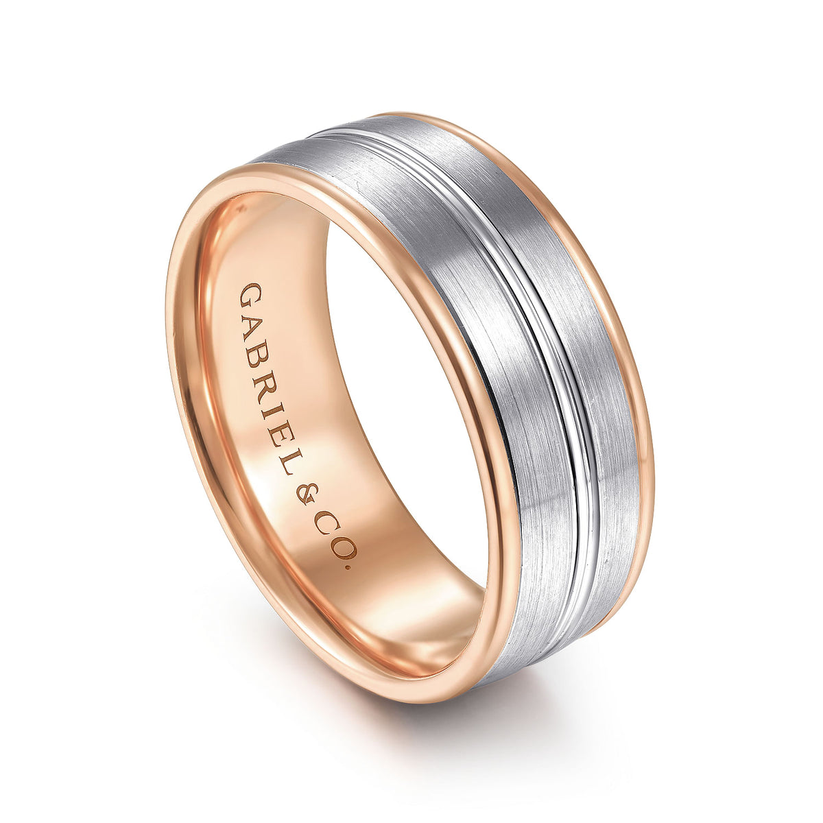 14K White-Rose Gold 8mm - Two Tone Men&#39;s Wedding Band in Satin Finish