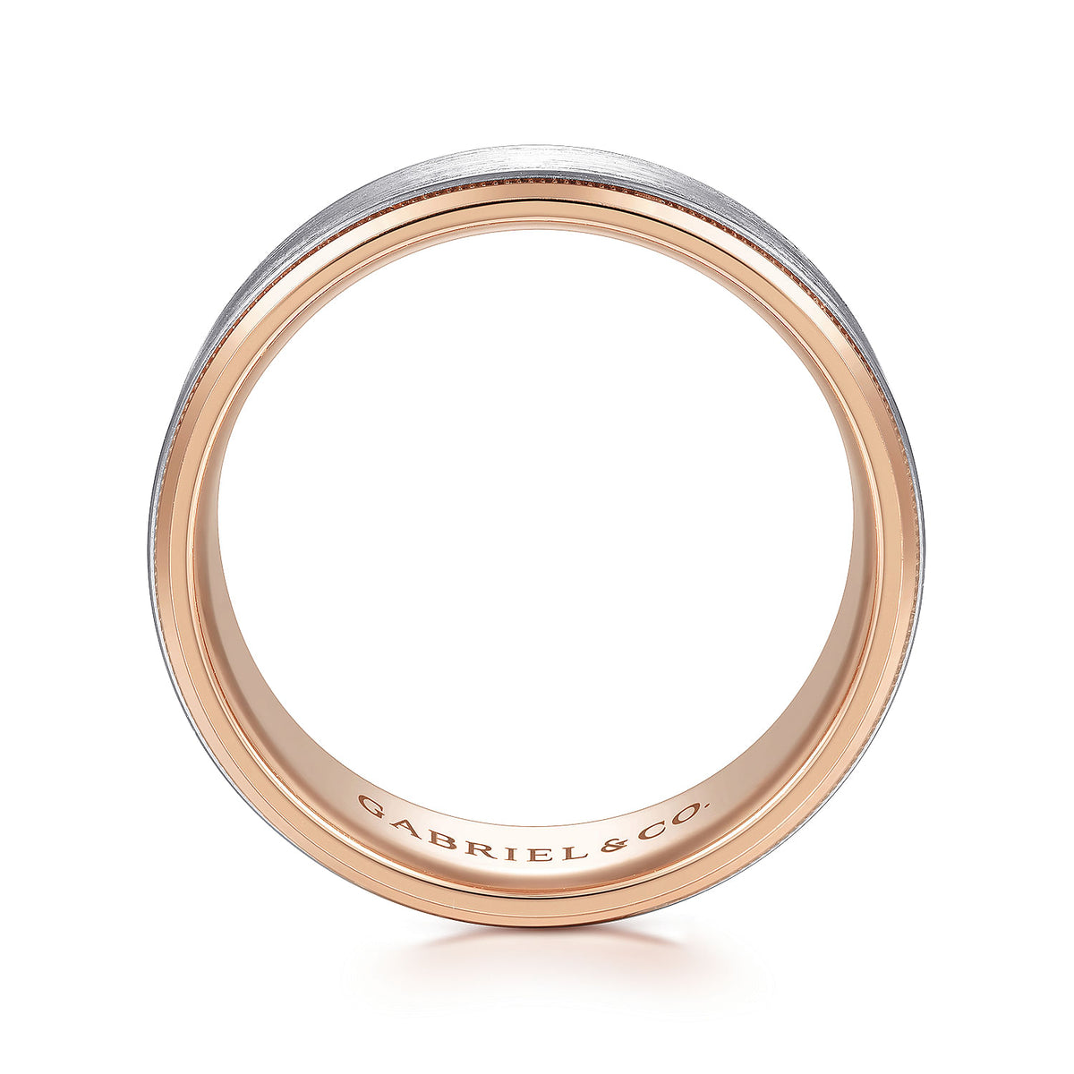14K White-Rose Gold 8mm - Two Tone Beveled Edge Men&#39;s Wedding Band in Satin Finish