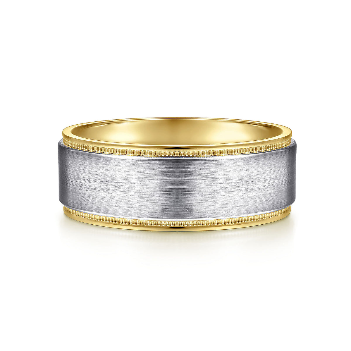 14K White-Yellow Gold 8mm - Two Tone Men&#39;s Wedding Band in Satin Finish