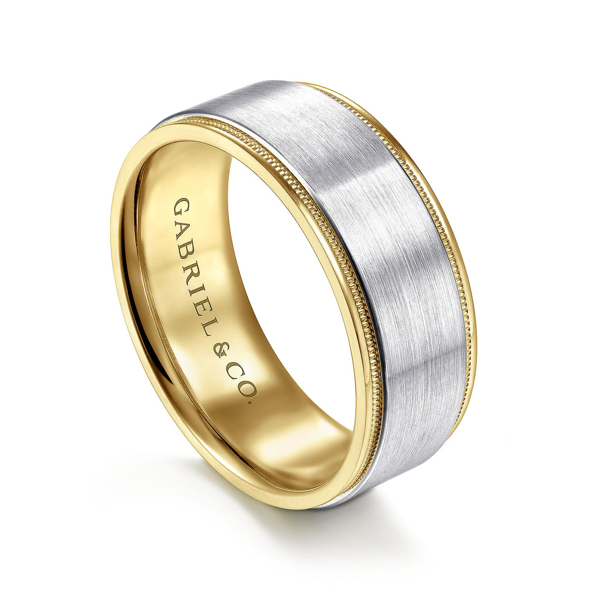 14K White-Yellow Gold 8mm - Two Tone Men&#39;s Wedding Band in Satin Finish