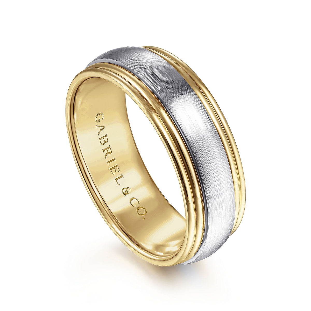 14K White-Yellow Gold 8mm - Two Tone Men&#39;s Wedding Band in Satin Finish