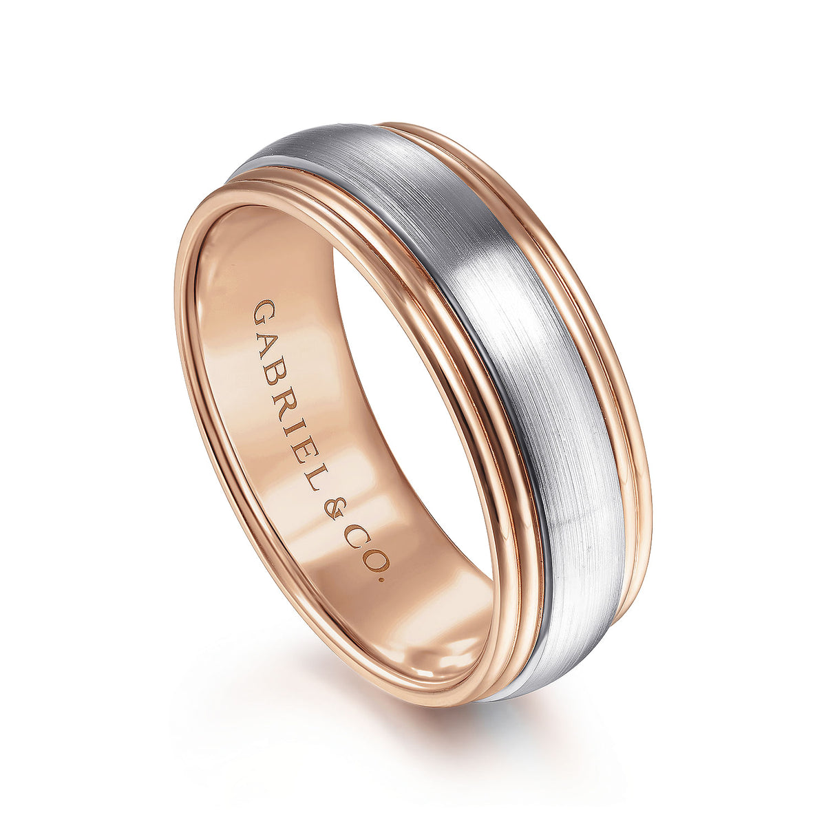 14K White-Rose Gold 8mm - Two Tone Men&#39;s Wedding Band in Satin Finish