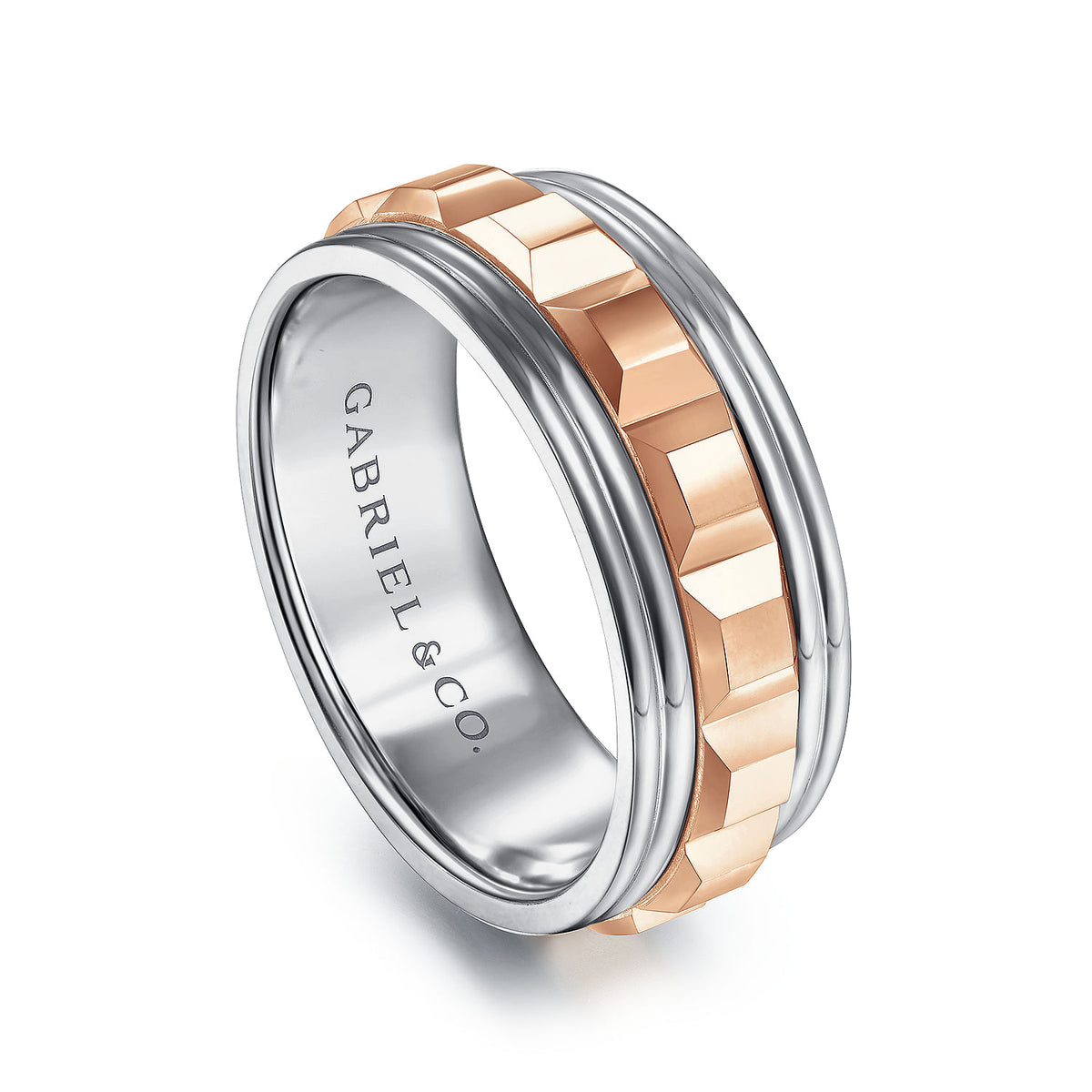 14K White-Rose Gold 8mm - Grommet Inlay Men&#39;s Two Tone Wedding Band
