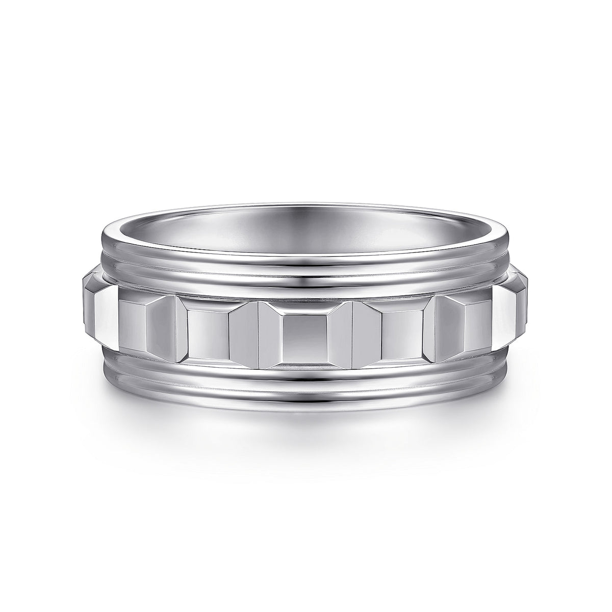 14K White Gold 8mm - Diamond Cut Inner Channel, Rounded Edge Men&#39;s Wedding Band in High Polished Finish