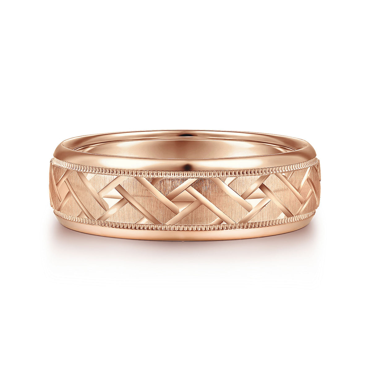 14K Rose Gold 7mm - Engraved Woven Men&#39;s Wedding Band in Satin Finish