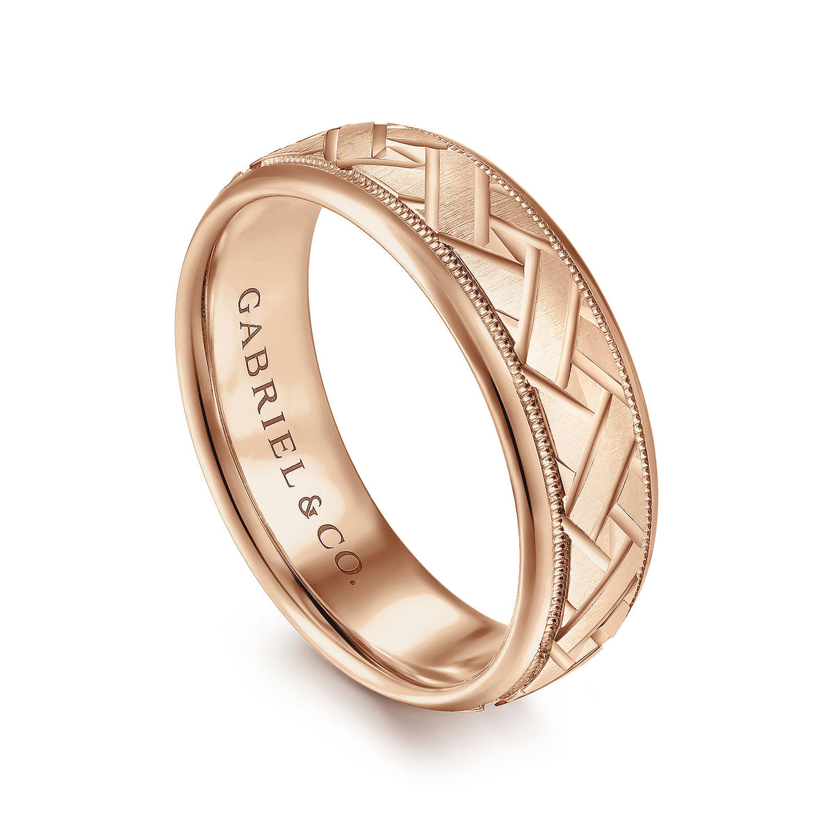 14K Rose Gold 7mm - Engraved Woven Men&#39;s Wedding Band in Satin Finish