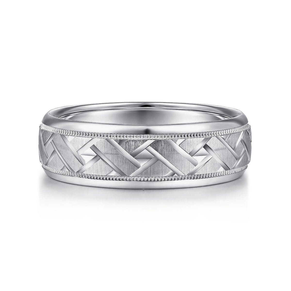14K White Gold 7mm - Engraved Woven Men&#39;s Wedding Band in Satin Finish