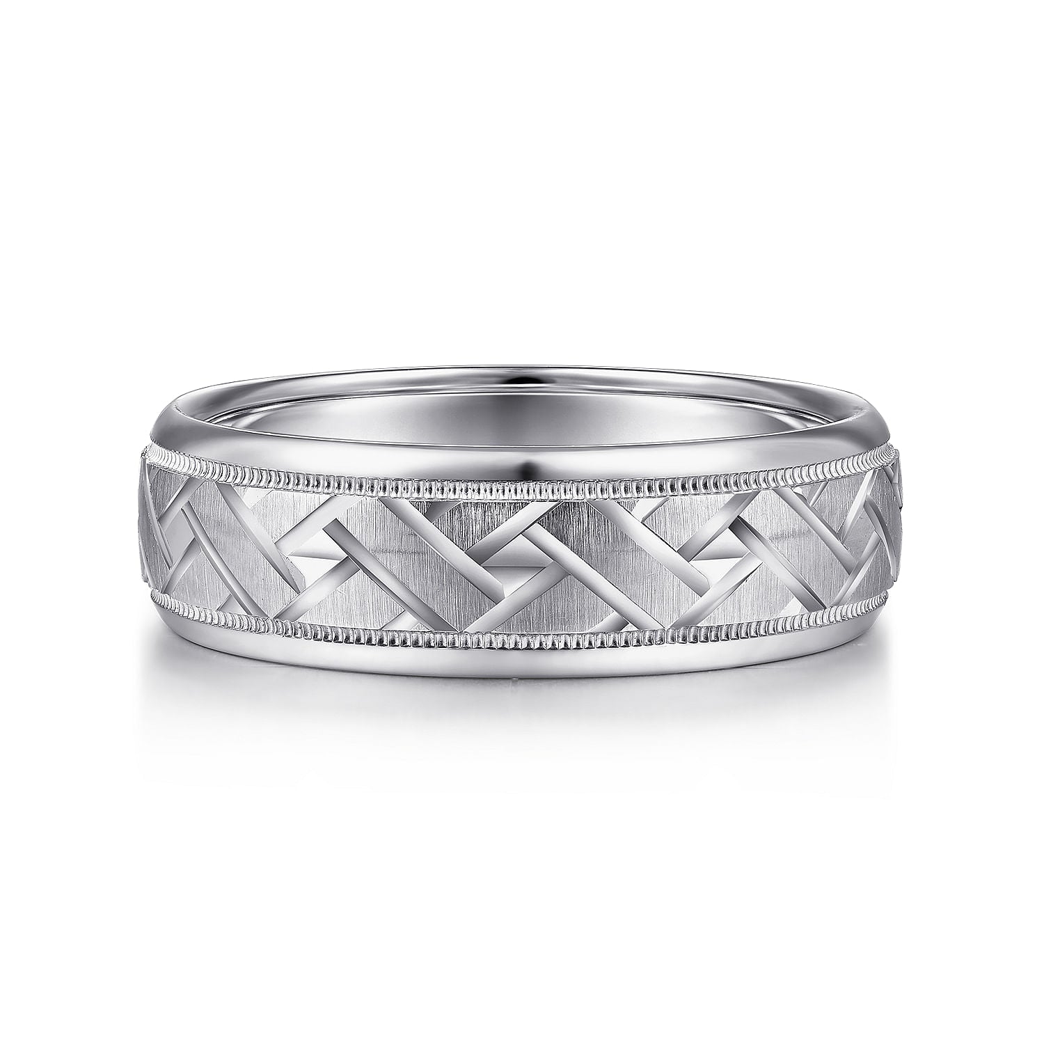 14K White Gold 7mm - Engraved Woven Men's Wedding Band in Satin Finish