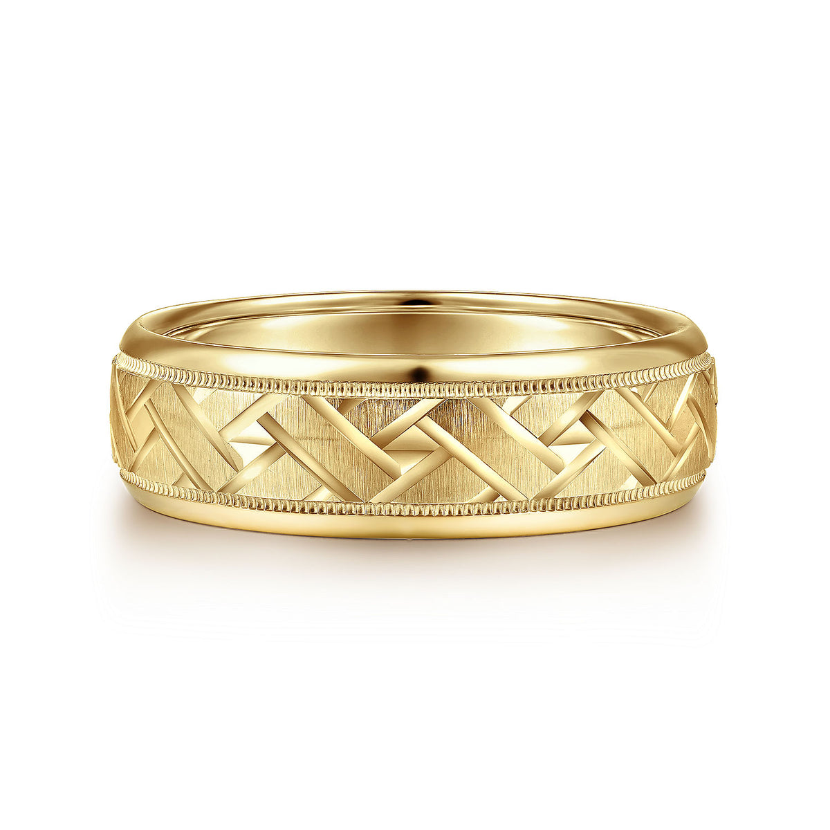 14K Yellow Gold 7mm - Engraved Woven Men&#39;s Wedding Band in Satin Finish