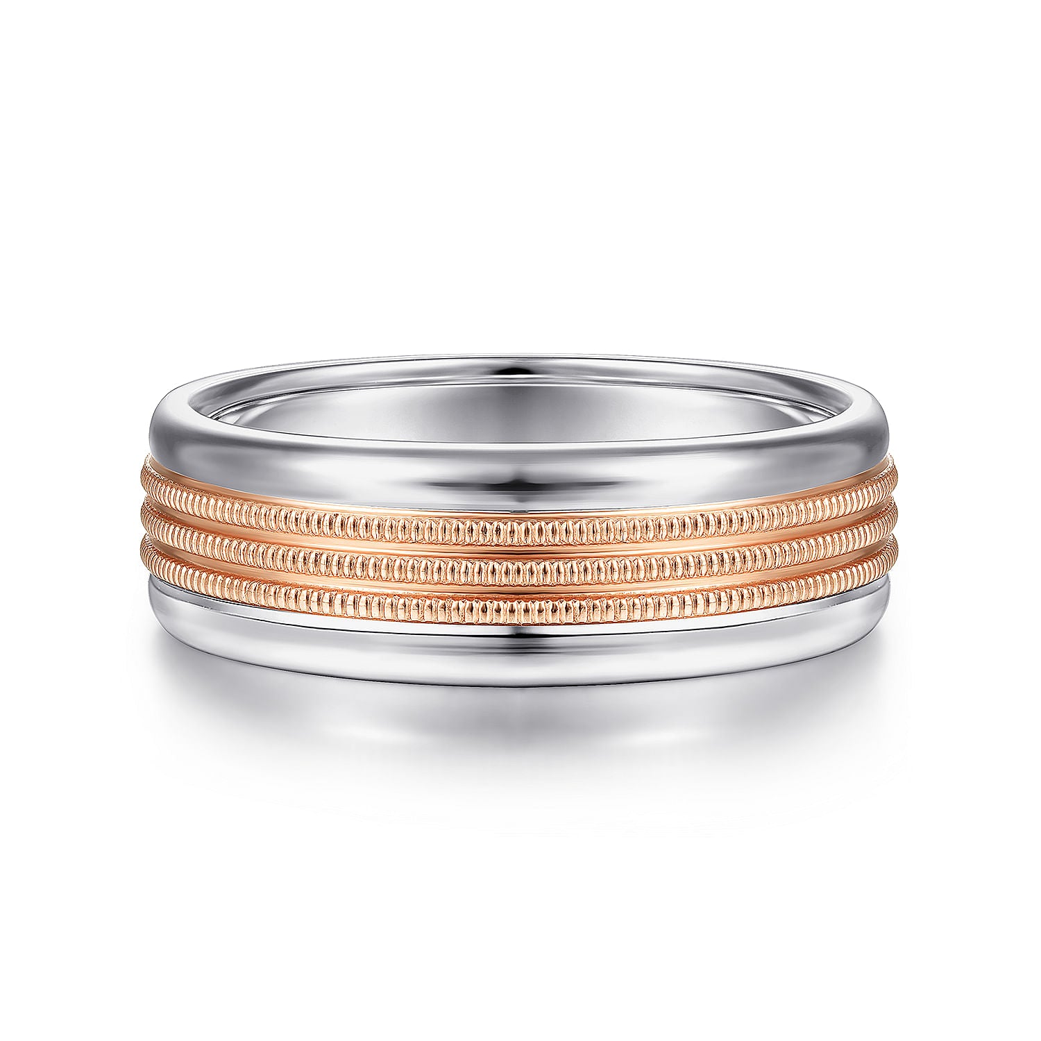 14K White-Rose Gold 7mm - Two Tone Men's Wedding Band in High Polished Finish