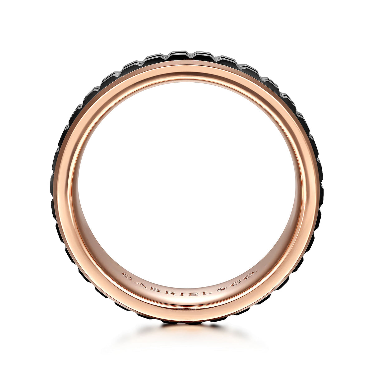 14K Rose Gold-Black Ceramic 7mm - Two Tone Beveled Edge Men&#39;s Wedding Band