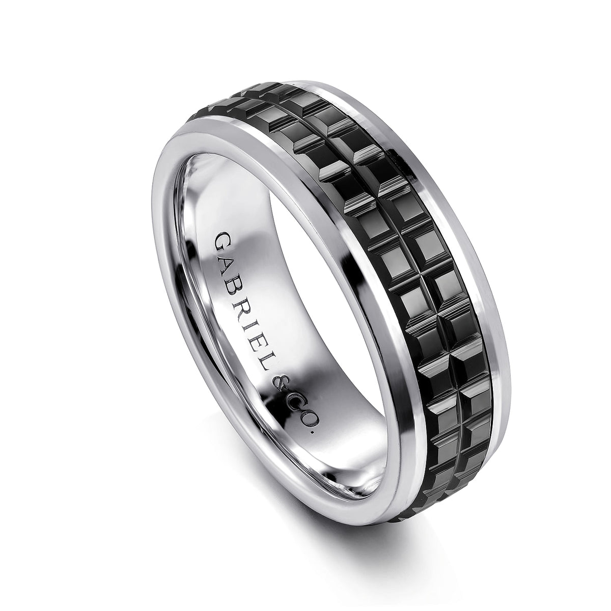 14K White Gold-Black Ceramic 7mm - Two Tone Beveled Edge Men&#39;s Wedding Band