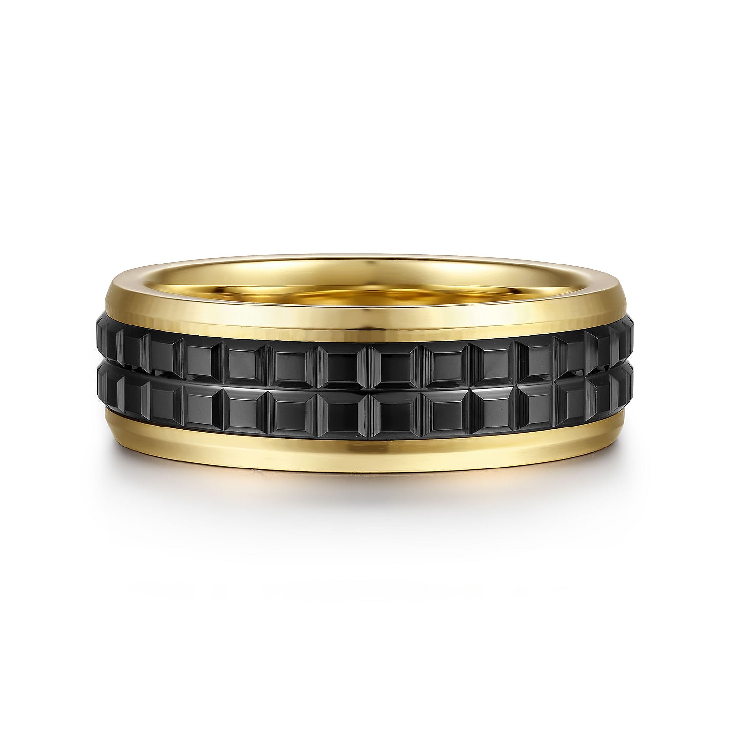 14K Yellow Gold-Black Ceramic 7mm - Two Tone Beveled Edge Men's Wedding Band