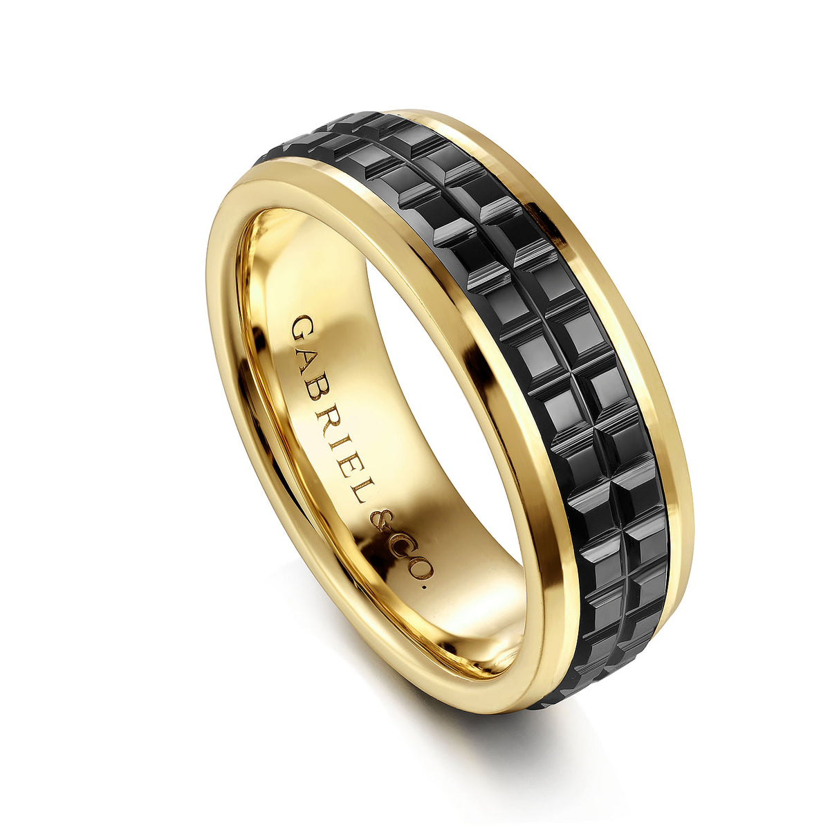 14K Yellow Gold-Black Ceramic 7mm - Two Tone Beveled Edge Men&#39;s Wedding Band