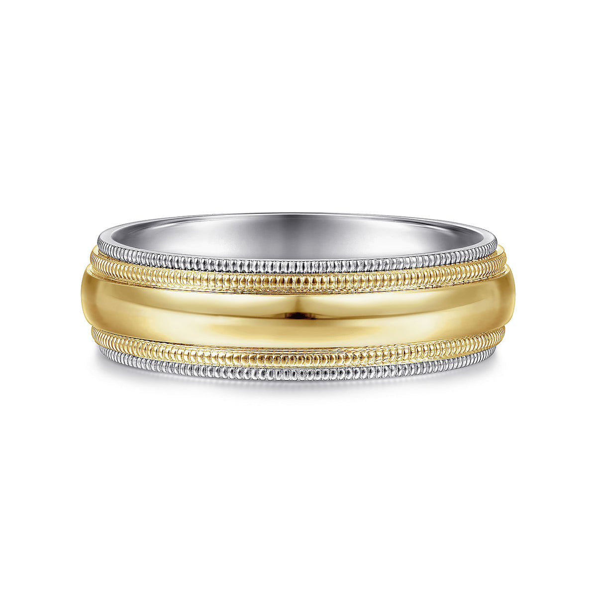 14K White-Yellow Gold High Polish Men&#39;s Wedding Band with Milgrain Edge
