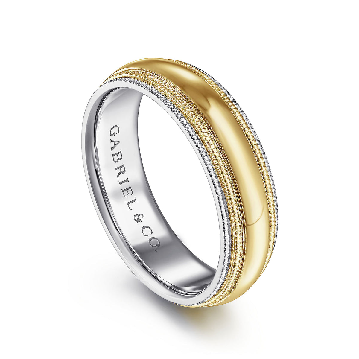 14K White-Yellow Gold High Polish Men&#39;s Wedding Band with Milgrain Edge