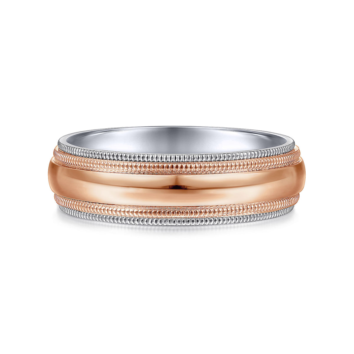 14K White-Rose Gold High Polish Men&#39;s Wedding Band with Milgrain Edge