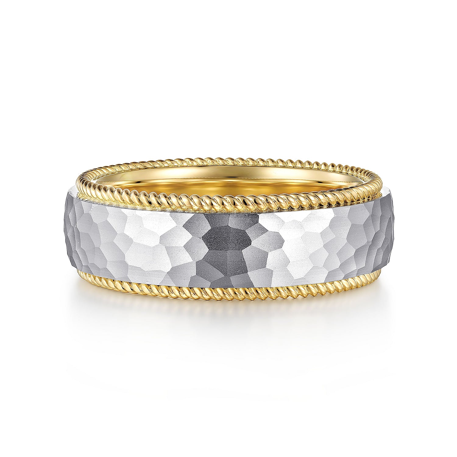 14K White-Yellow Gold 8mm - Two Tone Men's Wedding Band in Hammered Finish