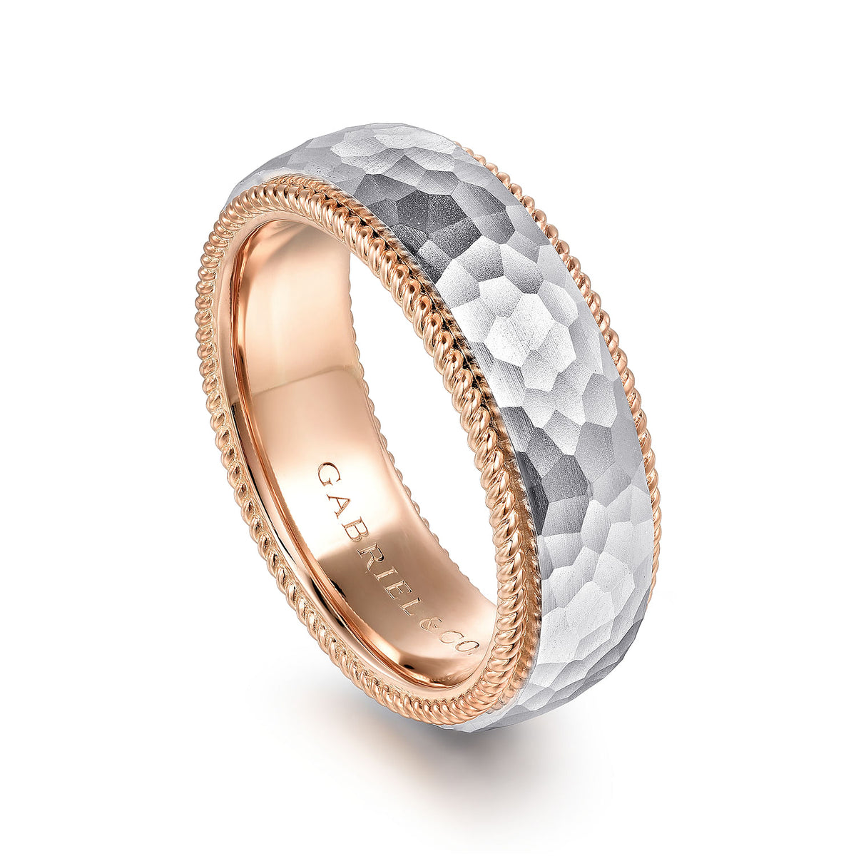 14K White-Rose Gold 8mm Mens Wedding Band in Hammer Finish