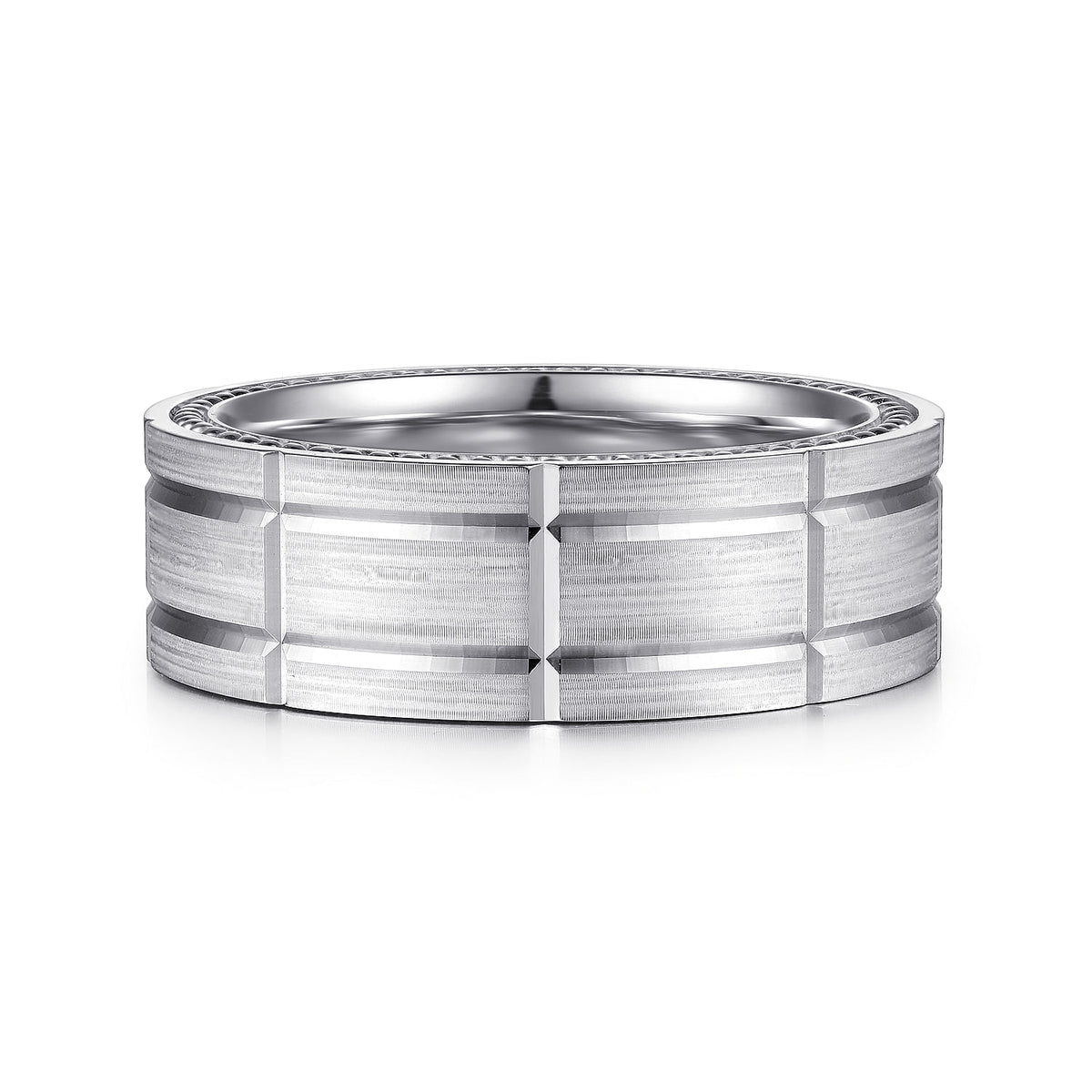 14K White Gold 8mm - Carved Men&#39;s Wedding Band in Satin Finish