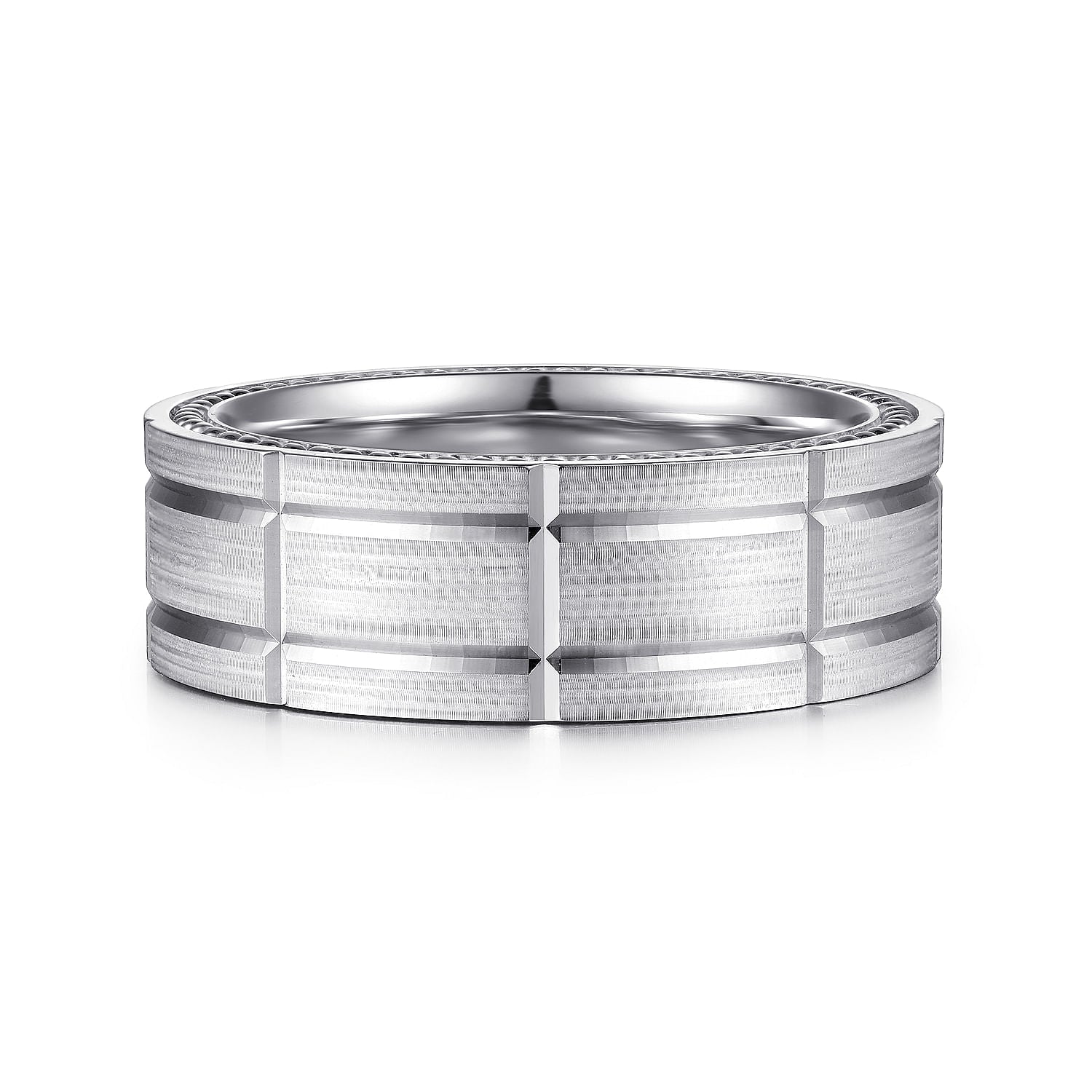 14K White Gold 8mm - Carved Men's Wedding Band in Satin Finish