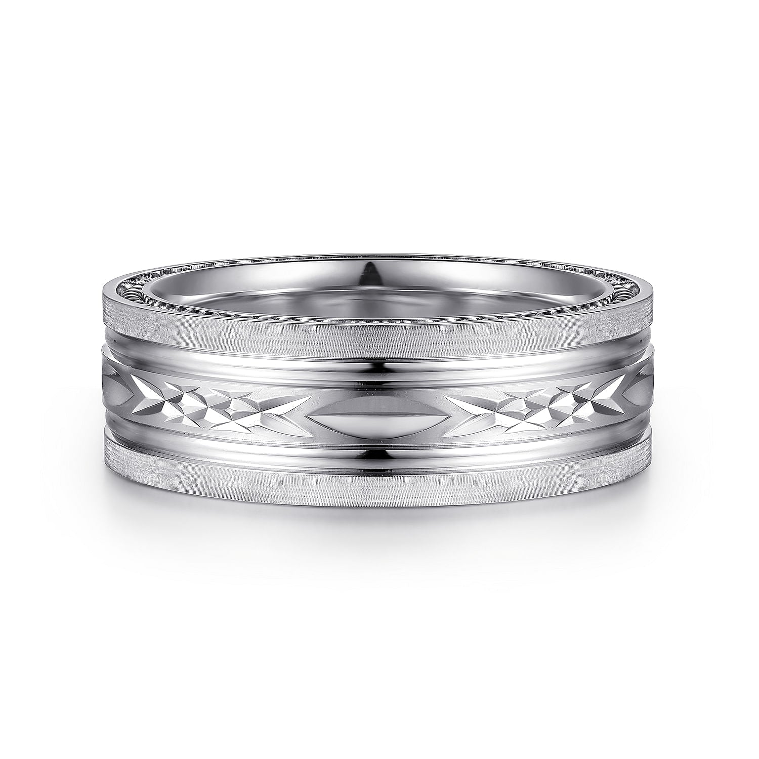 14K White Gold 8mm - Carved Men's Wedding Band in Satin Finish