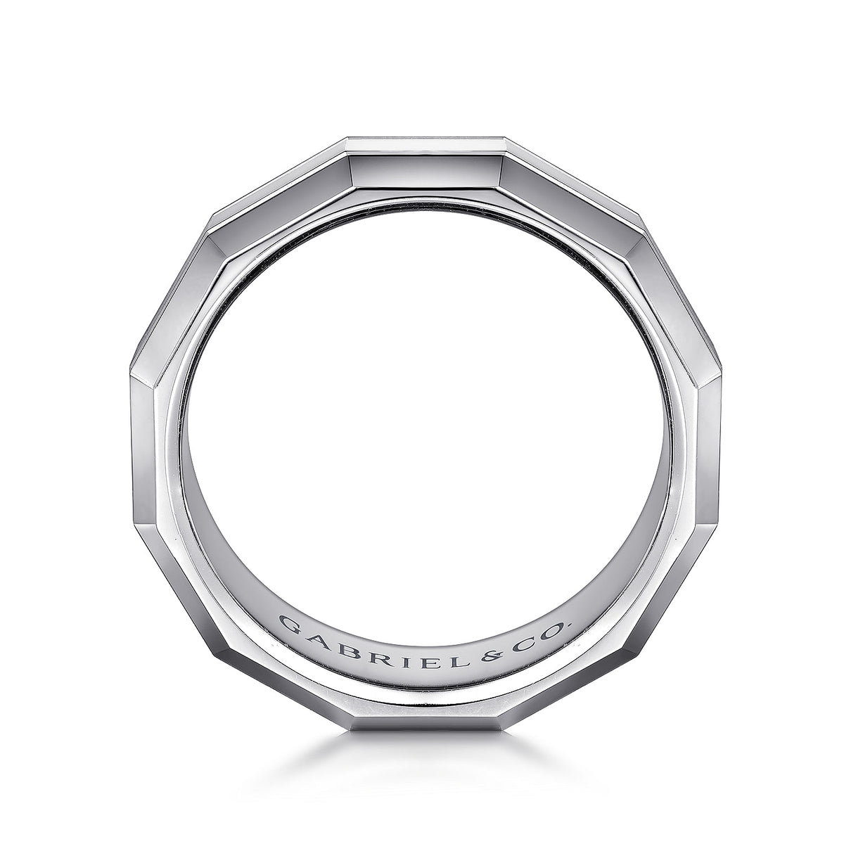 14K White Gold 8mm - Angular Men&#39;s Wedding Band in High Polished Finish
