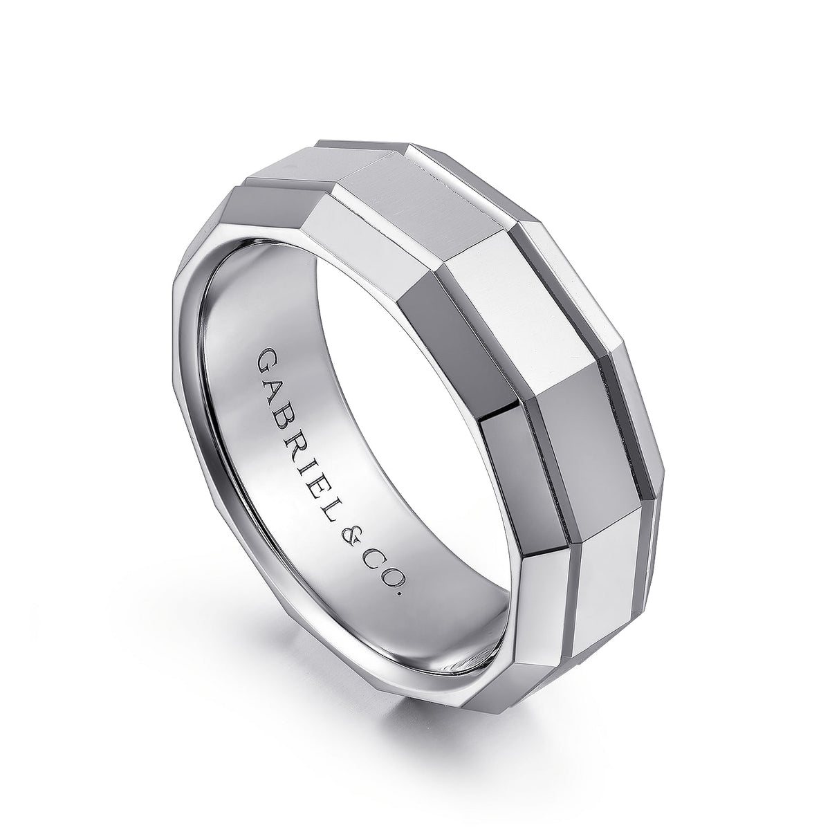 14K White Gold 8mm - Angular Men&#39;s Wedding Band in High Polished Finish