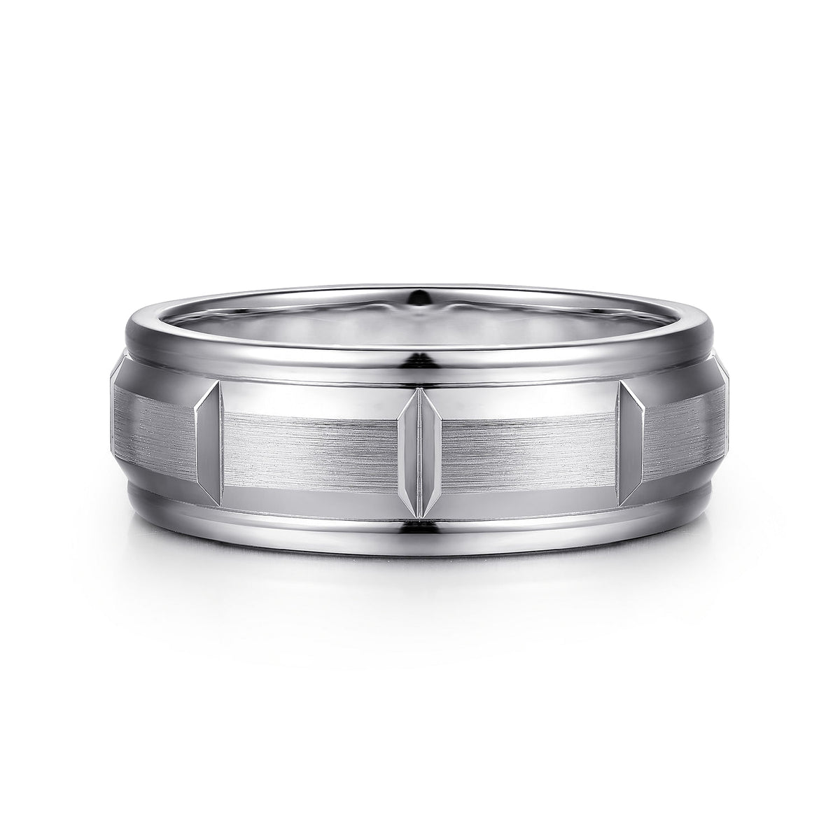 14K White Gold 8mm - Carved Station Men&#39;s Wedding Band in Satin Finish
