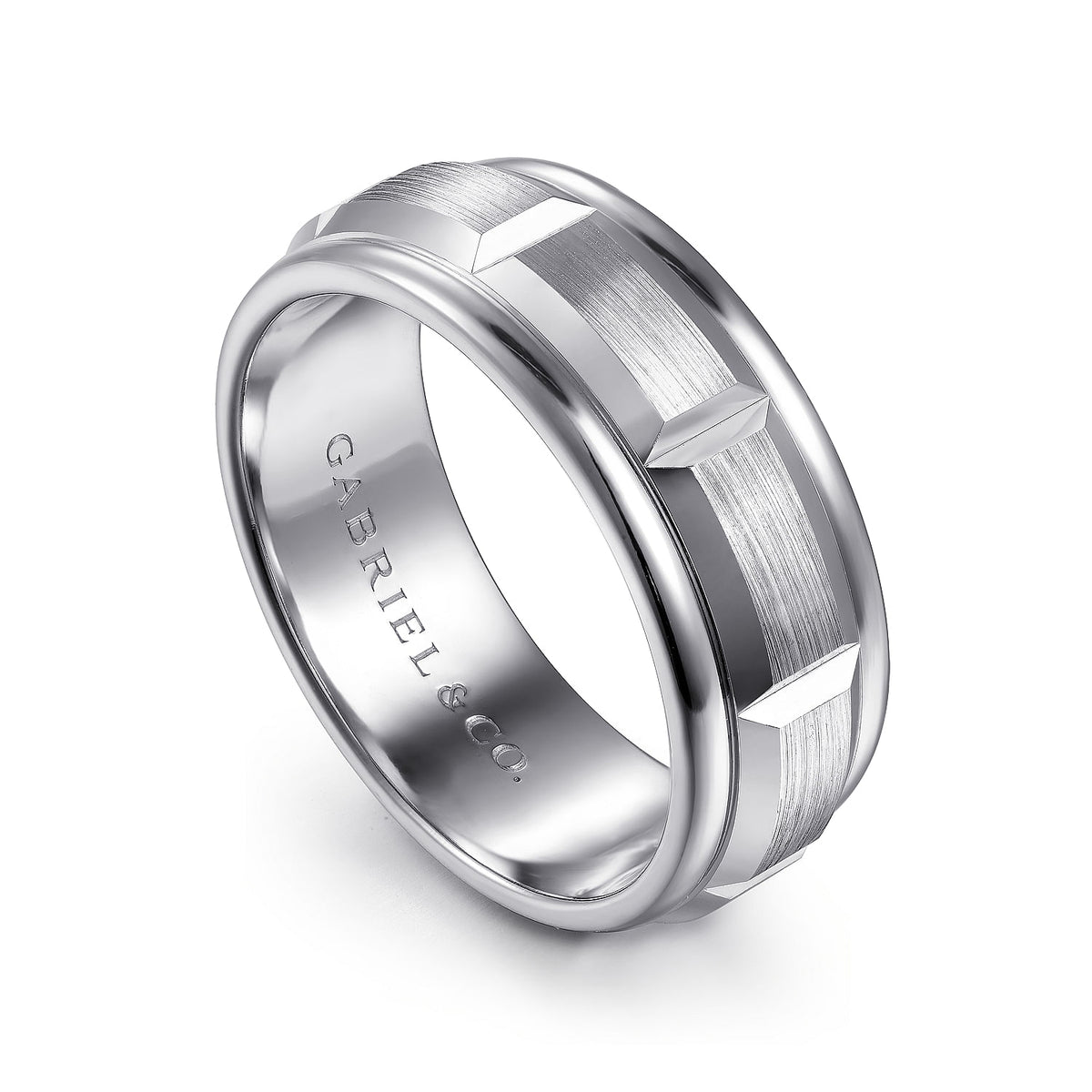 14K White Gold 8mm - Carved Station Men&#39;s Wedding Band in Satin Finish