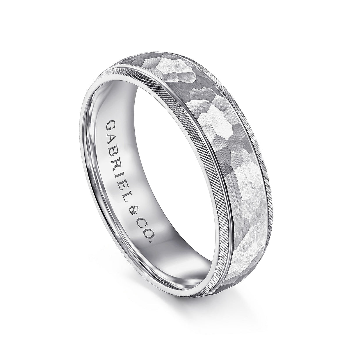 14K White Gold 6mm - Men&#39;s Wedding Band in Hammered Finish