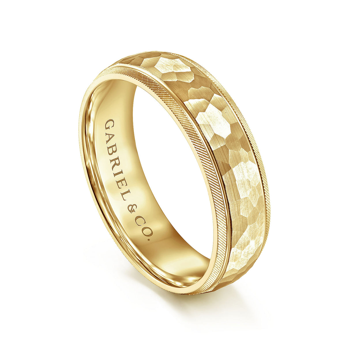 14K Yellow Gold 6mm - Men&#39;s Wedding Band in Hammered Finish