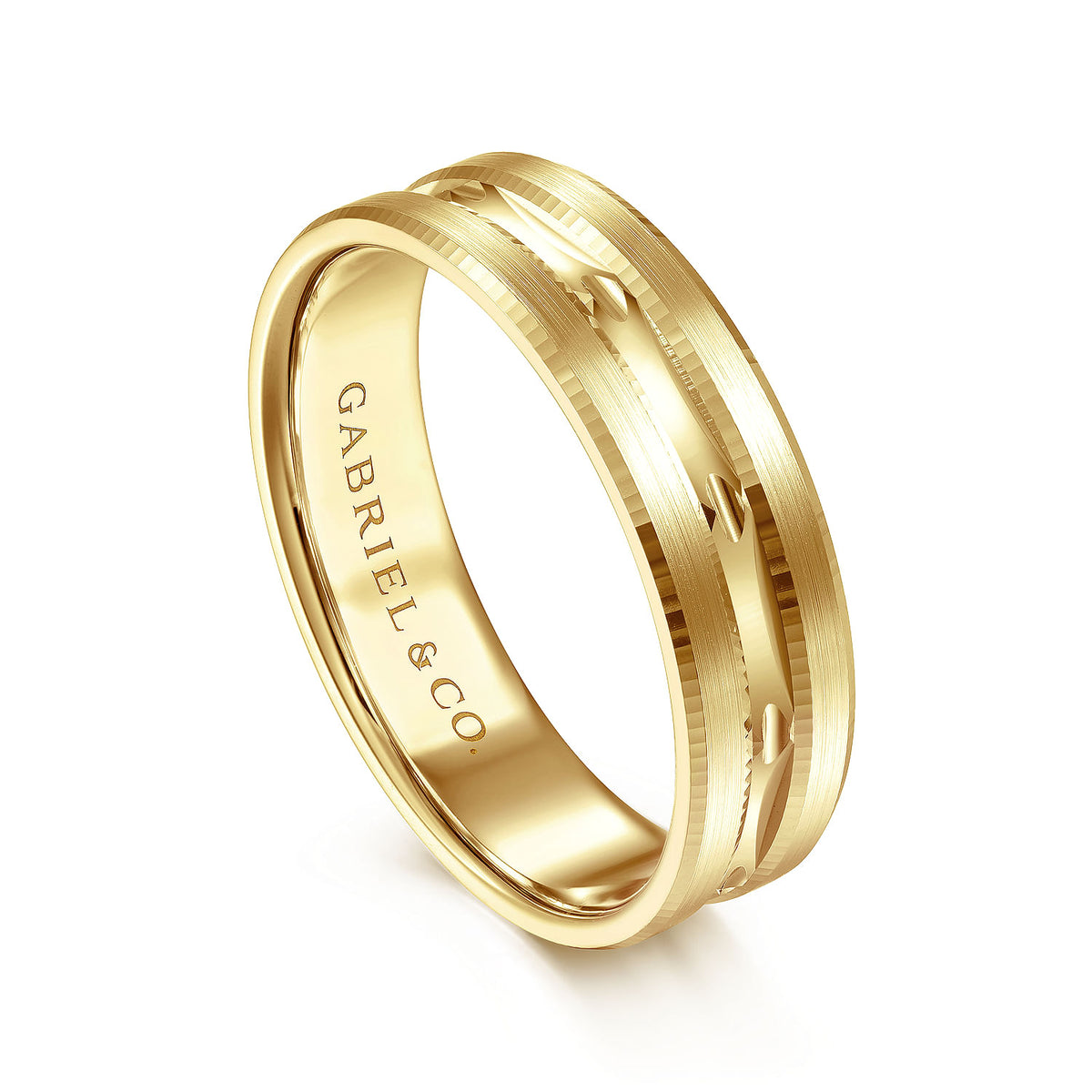 14K Yellow Gold 6mm - Carved Men&#39;s Wedding Band in Satin Finish