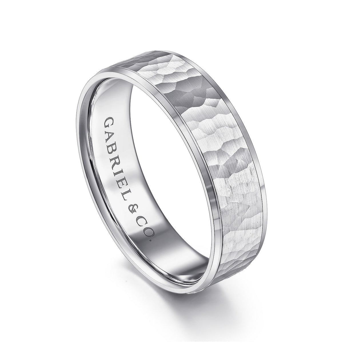 14K White Gold 6mm - Men&#39;s Wedding Band in Hammered Finish