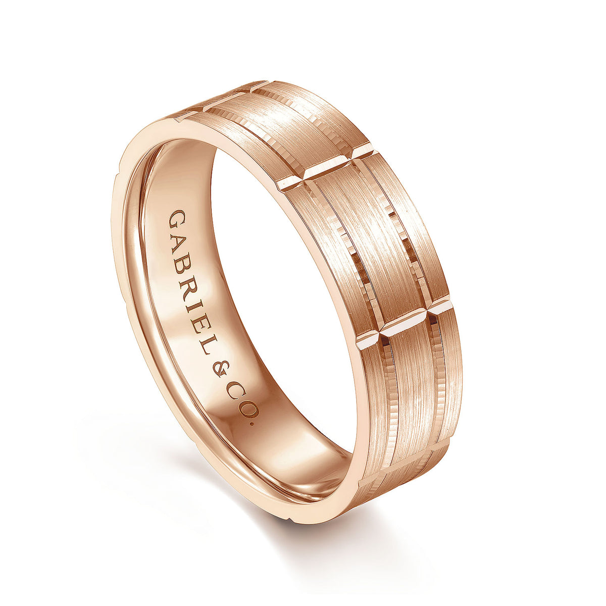 14K Rose Gold 6mm - Checkerboard Pattern Men&#39;s Wedding Band in Satin Finish