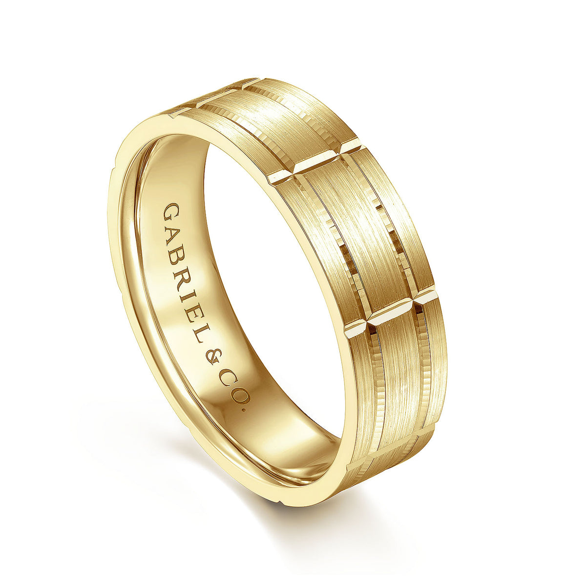 14K Yellow Gold 6mm - Checkerboard Pattern Men&#39;s Wedding Band in Satin Finish