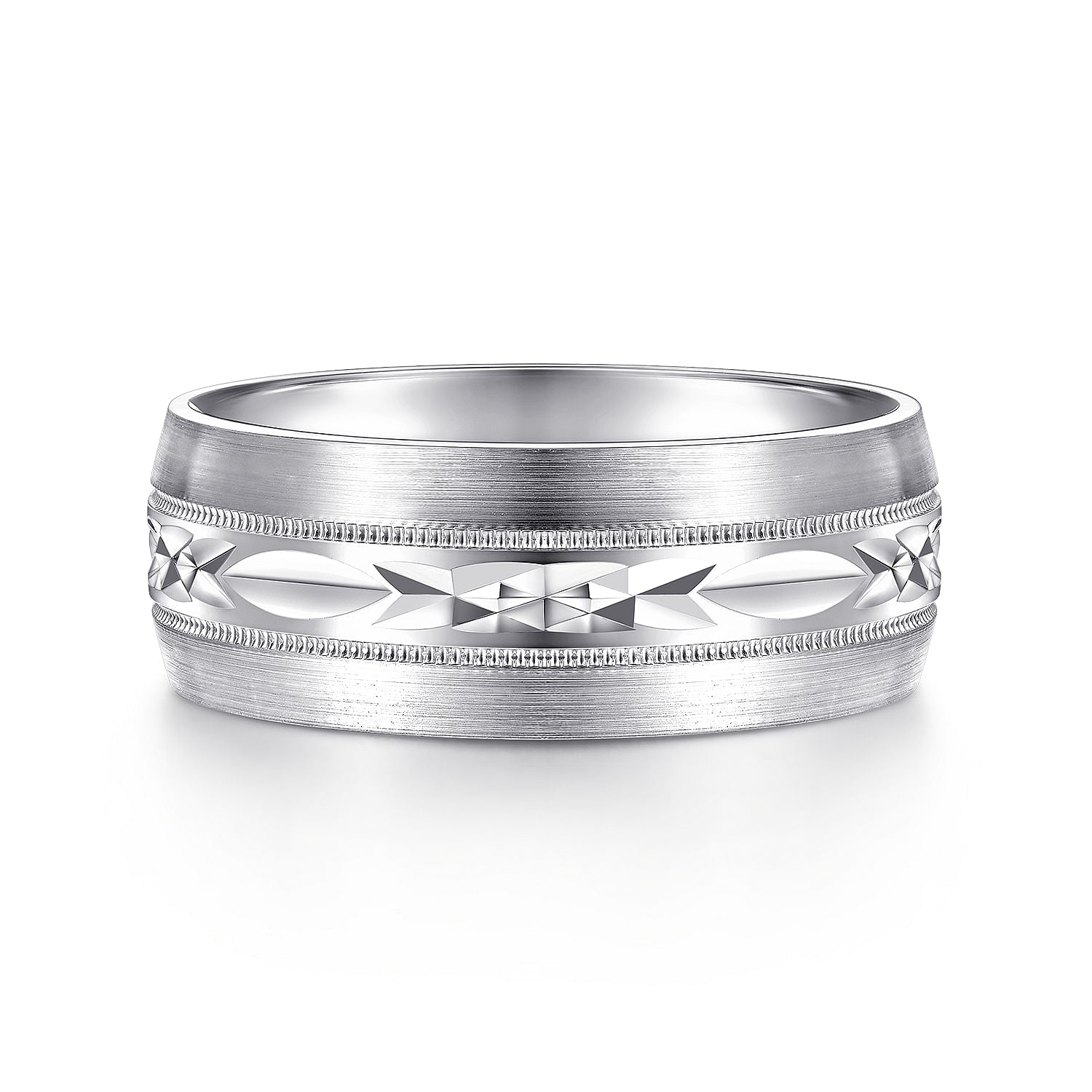 14K White Gold 8mm - Engraved Men's Wedding Band in Satin Finish